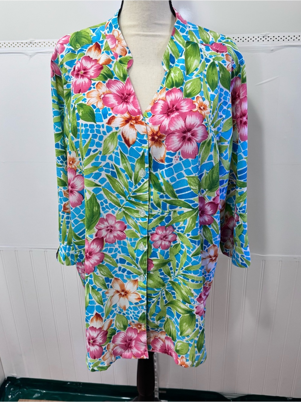 BonWorth XL Tropical Floral Blouse Lightweight Button Front Tunic Top